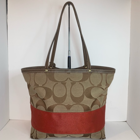 Coach Traditional Signature Khaki Red Stripe Tote - Picture 3 of 8